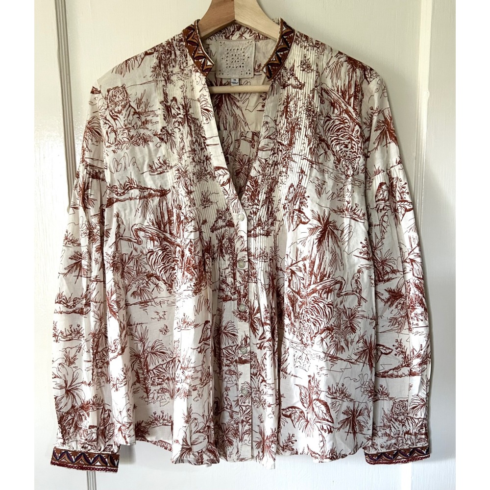 Johnny Was Mu Printed 100% Cotton Pintucked Top Cream Brown XS Tropical Boho